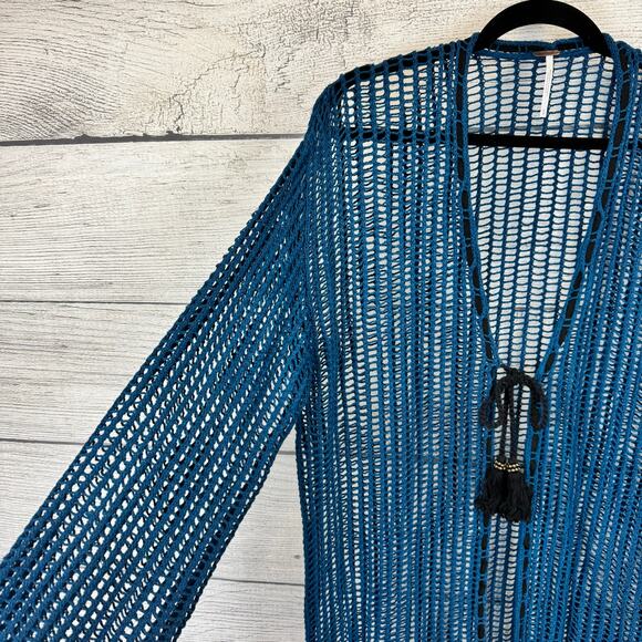 Free People Women's Blue Lattice Open Knit Tie Front Boho Cardigan Size Medium - Picture 3 of 12